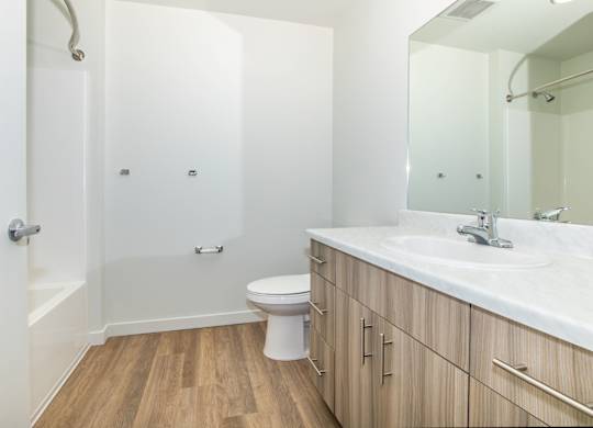 A white bathroom with wood flooring and a white toilet.