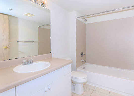 A white bathroom with a sink, toilet, and bathtub.