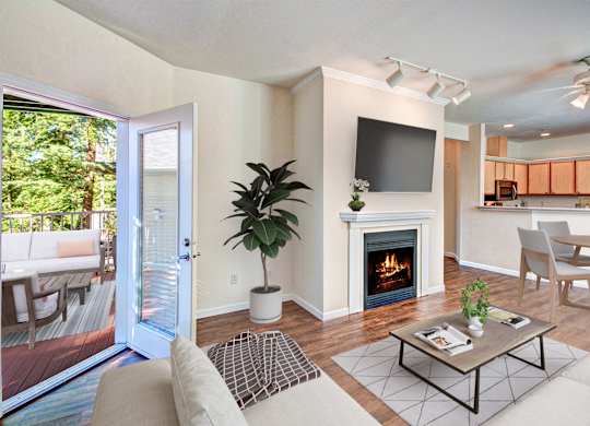 A living room with a fireplace and a television.