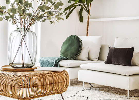 A living room with a white sofa, a wicker table, and a vase with greenery.