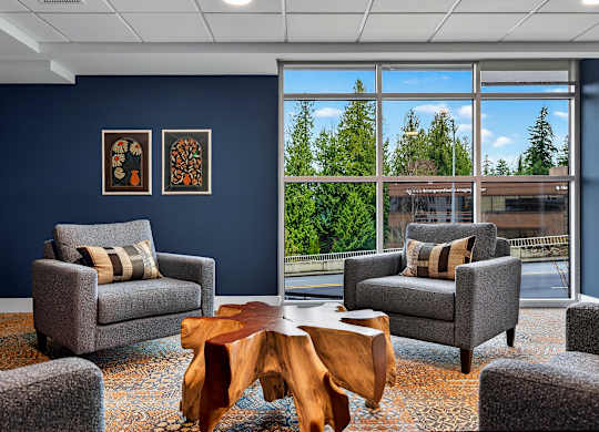 A room with blue walls and a large window overlooking a forest.
