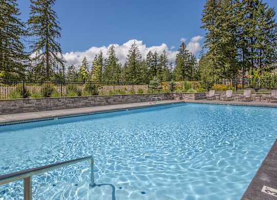 A swimming pool surrounded by trees and a fence.