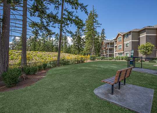 A park with a bench and a building in the background.