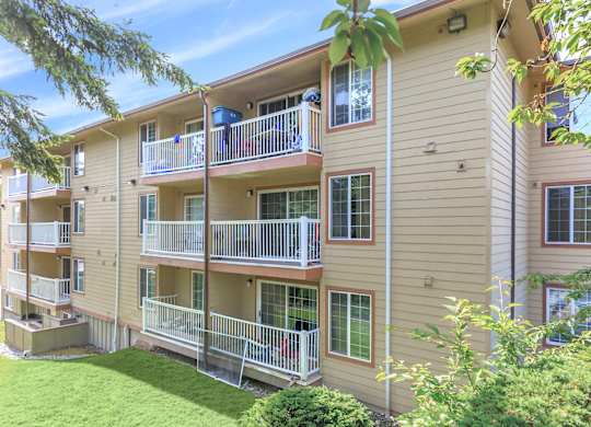 Apartment building with balconies and greenery in front.