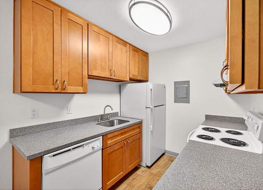 A kitchen with a stove top oven and a refrigerator.