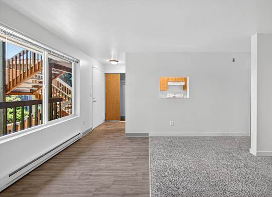A room with a grey carpet and a wooden door.