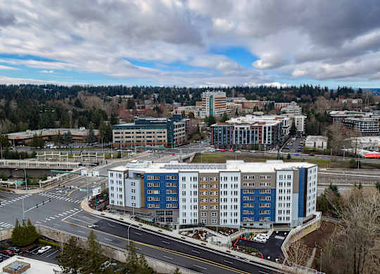 A large white and blue building is in the center of a roundabout.