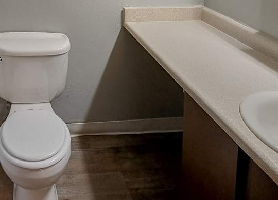 A white toilet sits next to a sink in a small bathroom.
