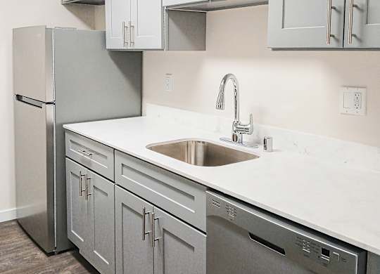 A kitchen with a sink, dishwasher and refrigerator.