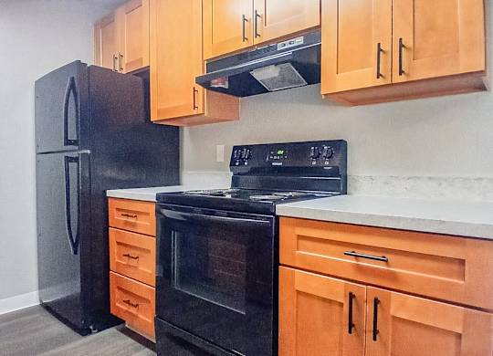 A kitchen with black appliances and wooden cabinets.