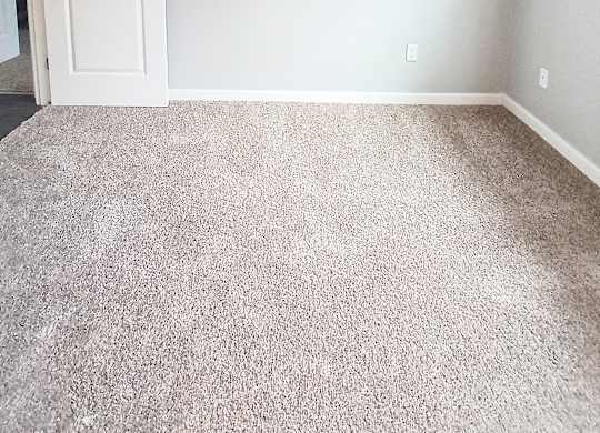 A room with a carpeted floor and a white door.