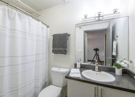 A bathroom with a white toilet, sink, and shower curtain.