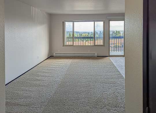 A room with a carpeted floor and a large window overlooking a balcony.