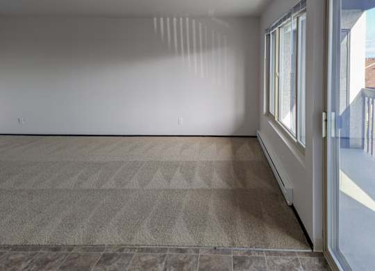 A room with a carpeted floor and a sliding glass door.