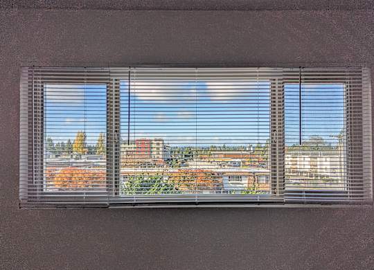 A window with blinds overlooking a cityscape.