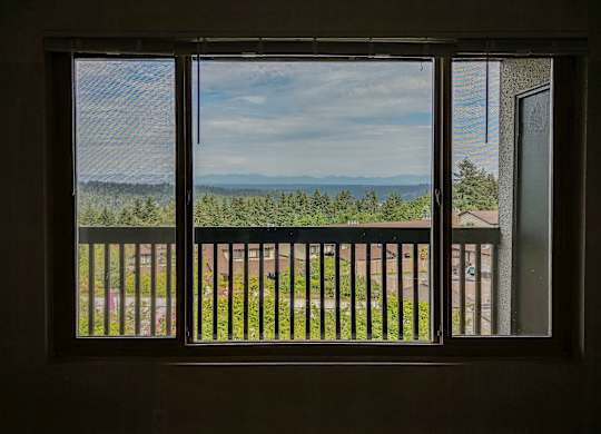 A view of a mountain range from a window.
