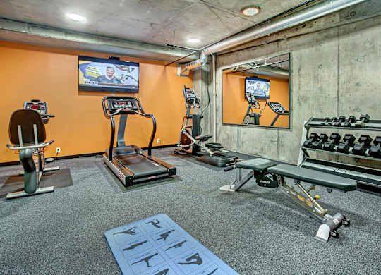 A gym with orange walls and a variety of equipment including treadmills, exercise bikes, and weight machines.