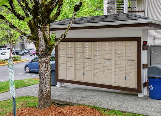 A brown and white garage door with a tree in front of it.
