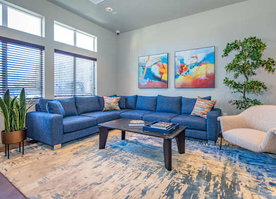 A living room with a blue couch and a white chair.