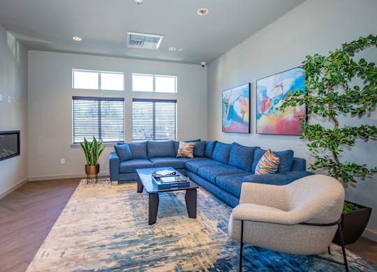 A living room with a blue couch, a coffee table, and a rug.