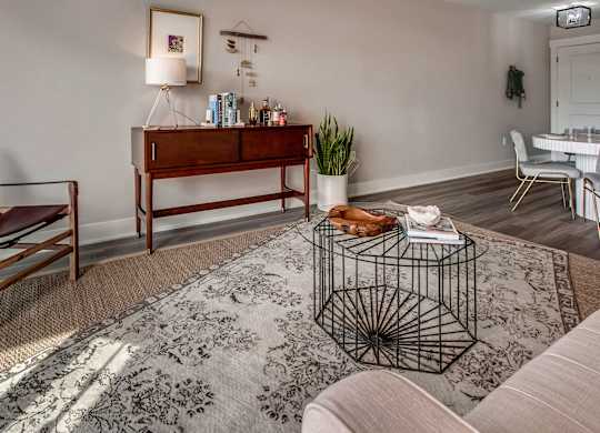 A living room with a brown chair, a wooden dresser, a white dining table, and a grey rug.