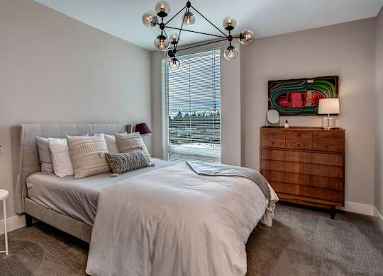 A bedroom with a large bed and a wooden dresser.