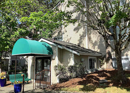 A house with a green awning and a tree in front.