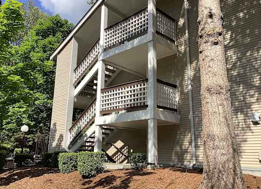A tree is next to a building with a balcony.