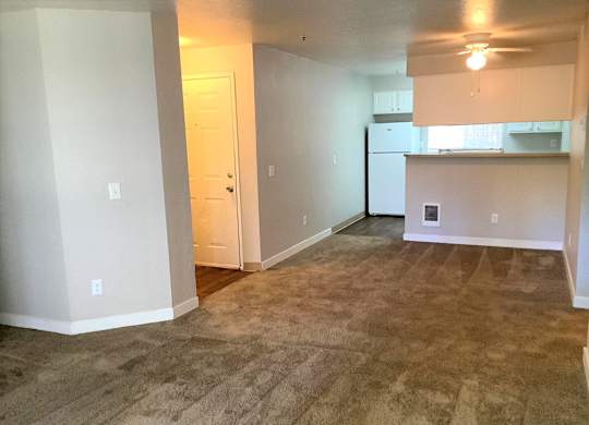 A room with a carpeted floor and a door leading to another room.