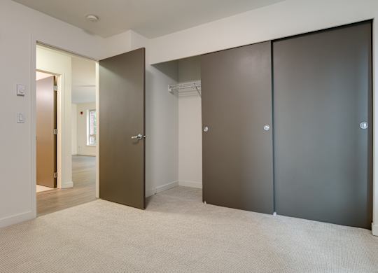 A room with a brown door and a white door.