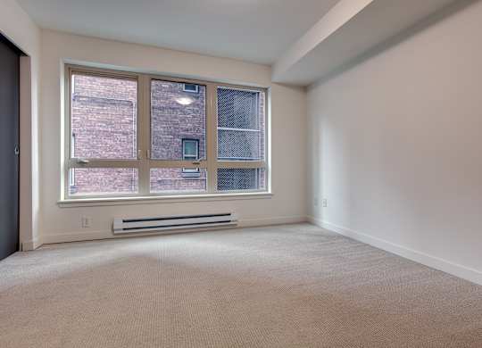 A room with a window and a radiator on the wall.