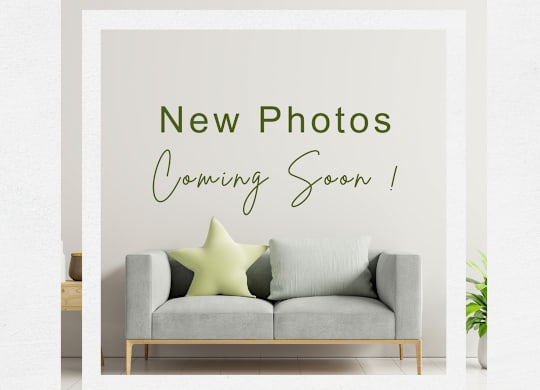 A poster with the text "New Photos Coming Soon !" is displayed on a wall above a grey sofa.