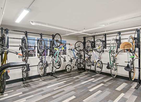 A bike shop with many bikes hanging on the wall.