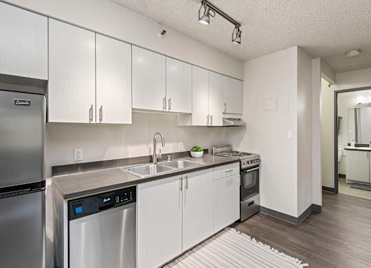 Apartments for Rent Near St. Joseph Medical Center, Tacoma, WA - The Orion - Modern Kitchen With White Cabinets, Stainless Steel Appliances, Track Lighting, and Bathroom Entry.