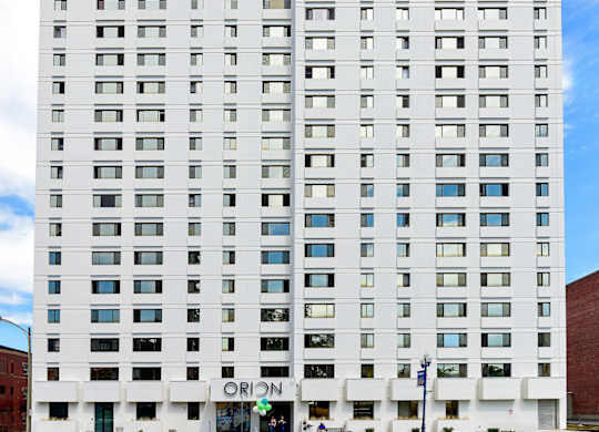A white building with the word