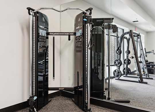 A gym with a squat rack and a mirror.