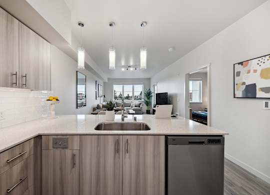 A modern kitchen with a large island and a dishwasher.