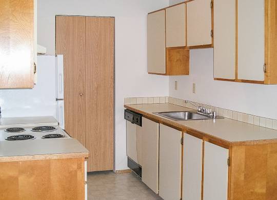 A kitchen with a stove, sink, and cabinets.