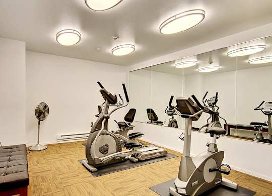A gym with a mirror, a fan, and exercise equipment.