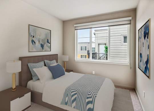 A bedroom with a bed, nightstand, and two lamps.