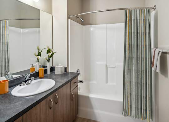 A bathroom with a sink, mirror, and shower.