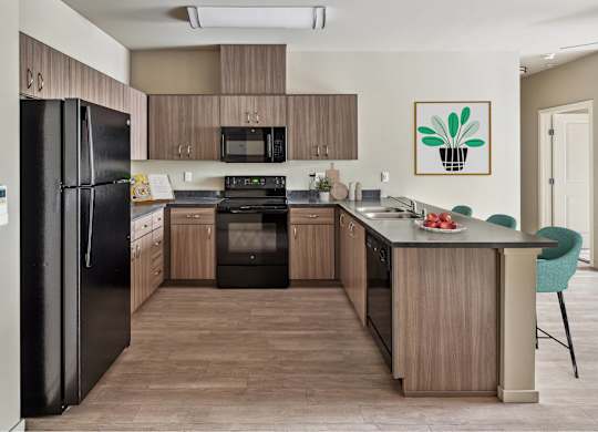 A kitchen with black appliances and wooden cabinets.