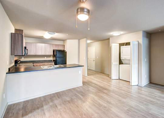 A kitchen with a counter and cabinets is shown.