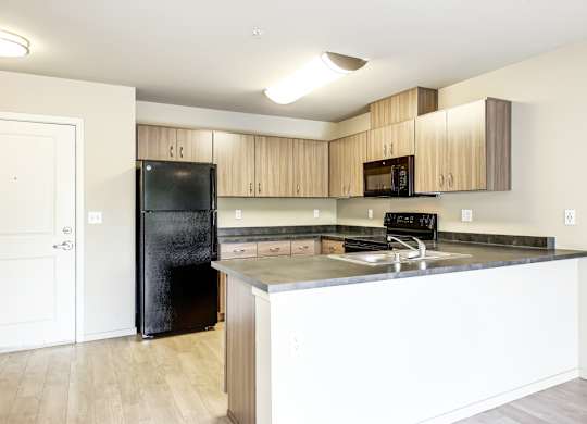 A kitchen with a black fridge and wooden cabinets.