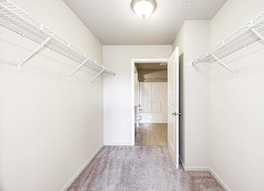 A hallway with white walls and a carpeted floor.