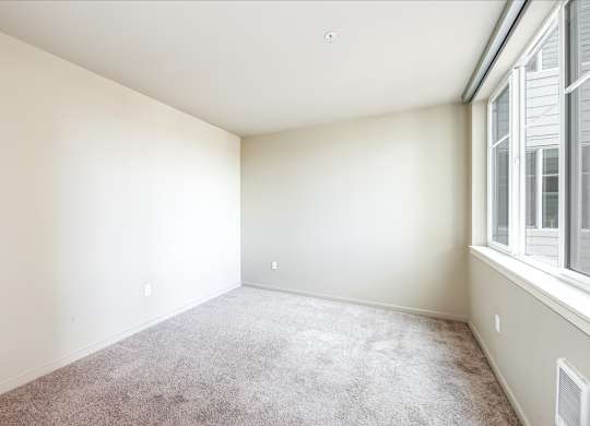A room with a carpeted floor and a window on the right side.