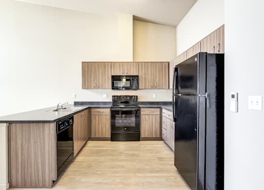 A kitchen with black appliances and wooden cabinets.
