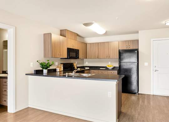 A kitchen with a black fridge and wooden cabinets.