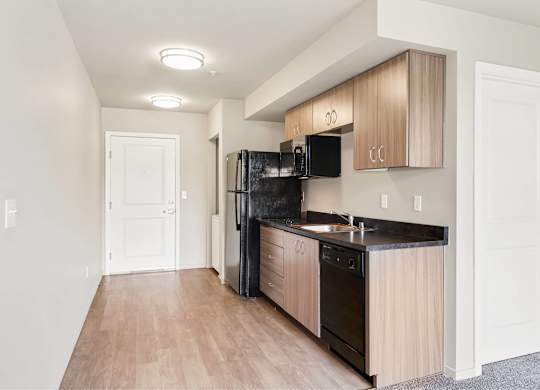 A kitchen with black appliances and wooden cabinets.