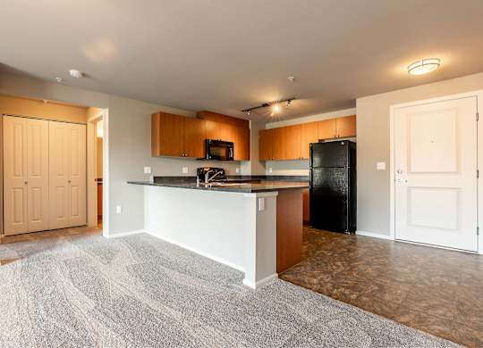 A kitchen with a black refrigerator and wooden cabinets.